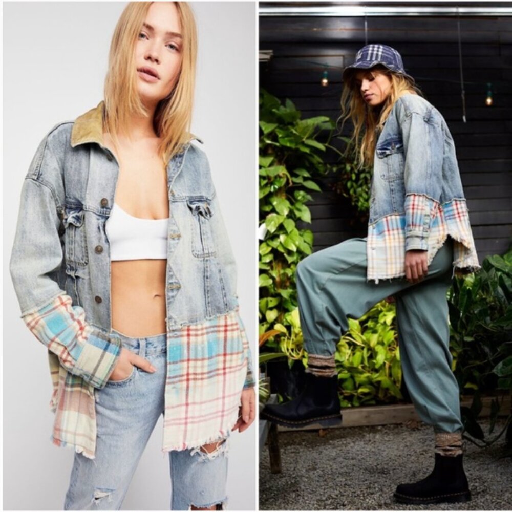 Free People Light Wash Denim Jacket with Plaid Patchwork